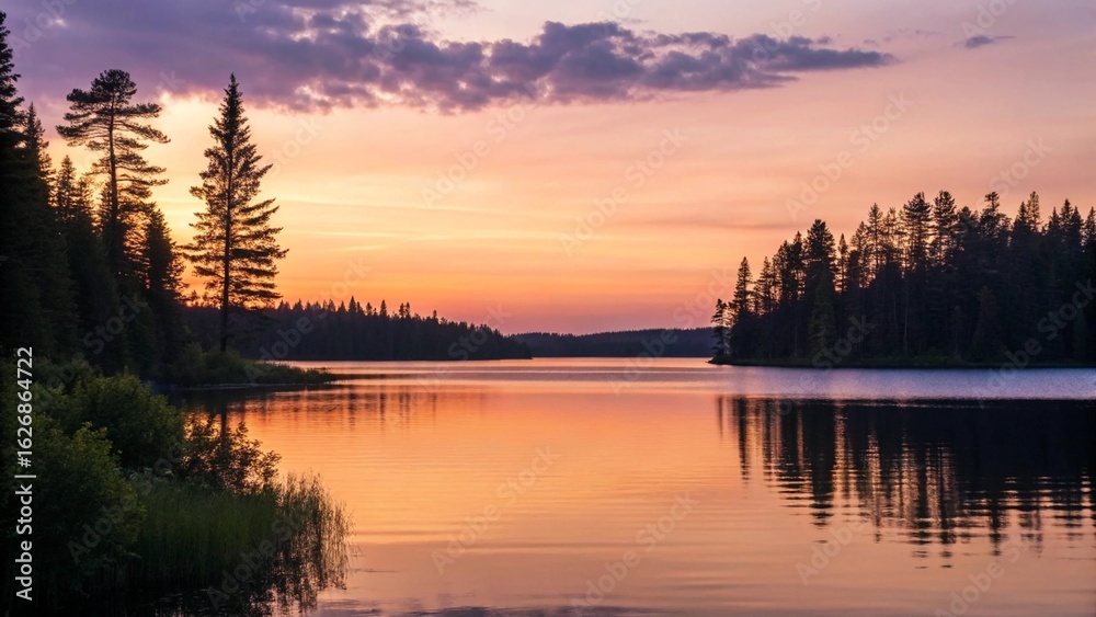 Fototapeta premium Golden hour light bathes a serene forest lake, with the vibrant orange and yellow sky reflecting beautifully on the still water. The dark silhouettes of tall pine trees frame the peaceful natural land