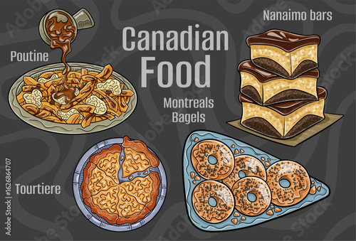 Popular Canadian Traditional Cuisine Set. Hand-drawn vector illustration on a dark background.