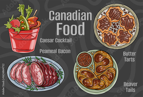 Popular Canadian Traditional Cuisine Set. Hand-drawn vector illustration on a dark background.