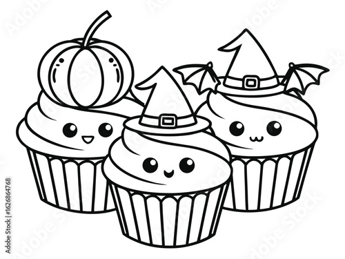 Black and white illustration, beautiful children's coloring book with Halloween cake set of sweets, pumpkins, witches, bats