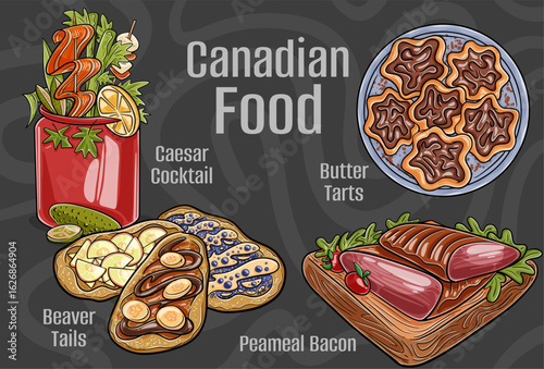 Popular Canadian Traditional Cuisine Set. Hand-drawn vector illustration on a dark background.