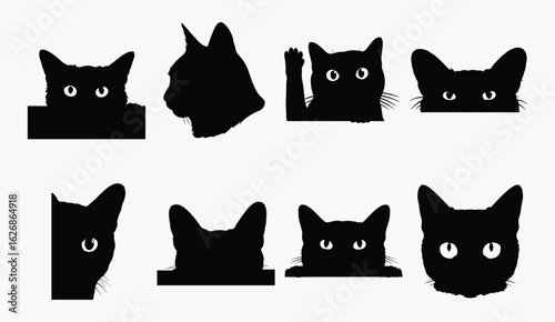 Black cat faces, peeking kitten silhouettes, curious pet icons, black cats looking out of the corner, Collection of cat faces that spy on you, Playing pets 