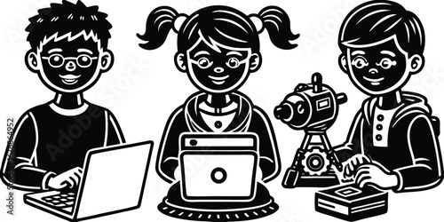 Illustration of children using technology for education and robotics in a modern black and white cartoon style