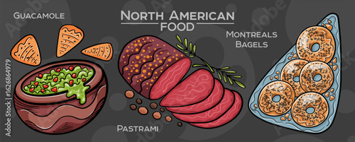 Popular North American Foods Set. Hand-drawn vector illustration on a dark background.
