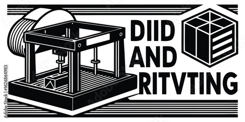 Illustrative black and white design featuring a stylized 3d printer and abstract geometric shapes with bold typography