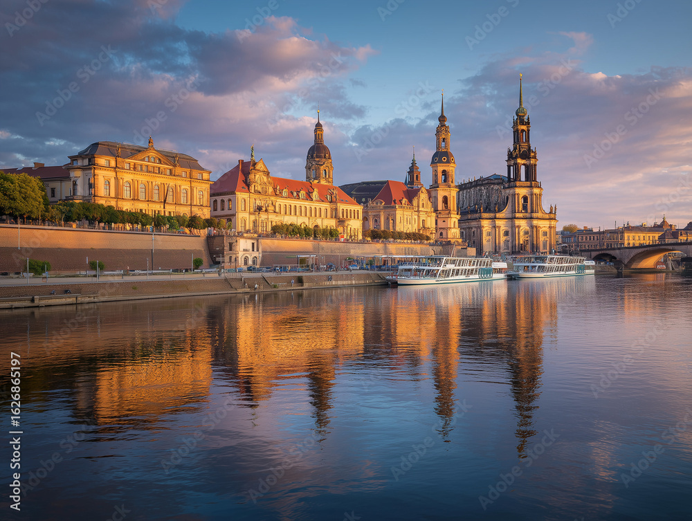 Obraz premium Dresden skyline along the Elbe River in evening light