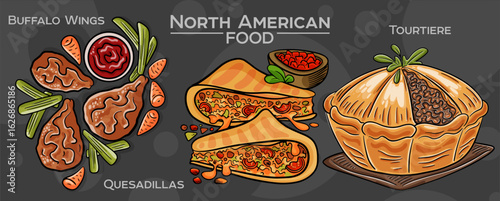 Popular North American Foods Set. Hand-drawn vector illustration on a dark background.