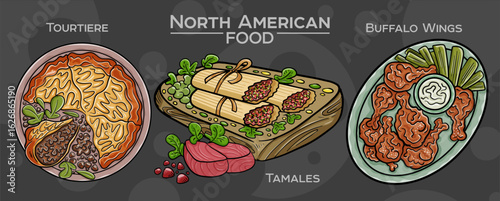 Popular North American Foods Set. Hand-drawn vector illustration on a dark background.