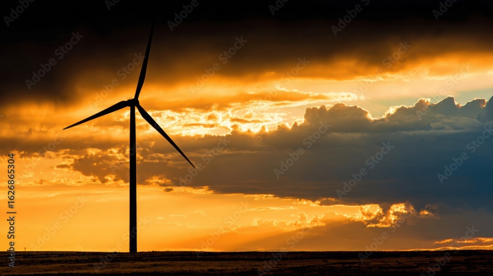 Fototapeta premium A wind turbine stands tall against a colorful sunset, casting a dramatic silhouette in a wide-open landscape. The vibrant colors of the sky showcase nature's beauty during twilight.
