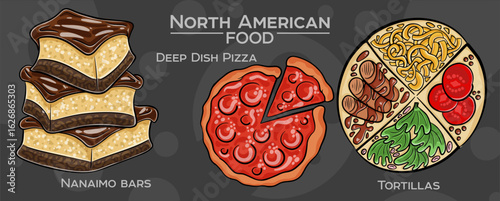 Popular North American Foods Set. Hand-drawn vector illustration on a dark background.
