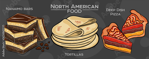 Popular North American Foods Set. Hand-drawn vector illustration on a dark background.