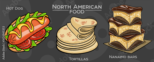 Popular North American Foods Set. Hand-drawn vector illustration on a dark background.