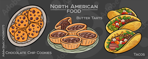 Popular North American Foods Set. Hand-drawn vector illustration on a dark background.