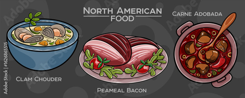 Popular North American Foods Set. Hand-drawn vector illustration on a dark background.