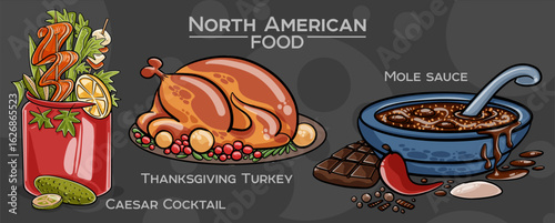 Popular North American Foods Set. Hand-drawn vector illustration on a dark background.