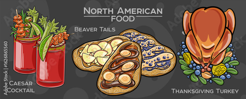 Popular North American Foods Set. Hand-drawn vector illustration on a dark background.