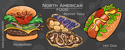 Popular North American Foods Set. Hand-drawn vector illustration on a dark background.