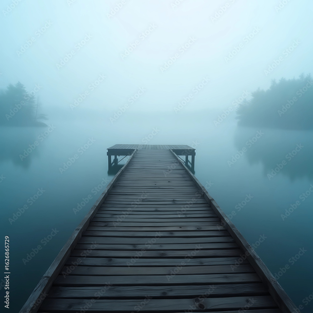 Fototapeta premium Wooden Dock in Foggy Lake – Minimal Landscape