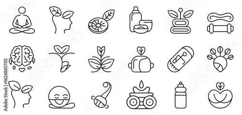 Simple line icon set representing self-care, wellness and healthy lifestyle choices. Vector illustration of mental clarity, fitness, nutrition, relaxation, mind-body connection.