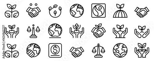 A collection of clean line icons representing sustainable development, environmental responsibility, and financial growth.