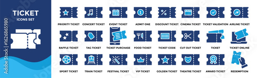 Ticket  icon collection set. Containing design Concert Ticket, Priority Ticket , Event Ticket, Admit One, Basic Ticket
