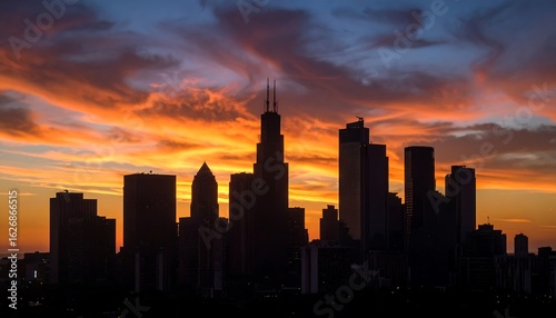 Chicago Skyline Silhouette at Sunset: Dramatic Cityscape Photography