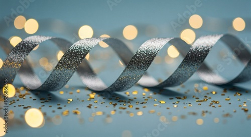 Glittering Ribbon: a close-up shot showcases a glittering silver ribbon elegantly spiraling against a soft background adorned with bokeh lights, evoking a sense of elegance and festive celebrations.