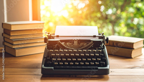 Vintage typewriter on a wooden desk, stack of old books, warm lighting