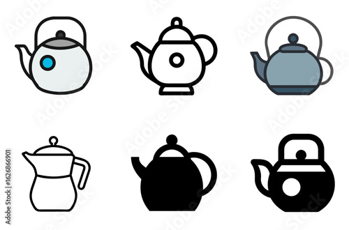 Classic teapot with round handle icon set for hot beverages, tea ceremonies, and kitchenware