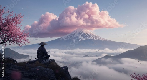 Serene Contemplation: A lone figure, immersed in profound reflection against the backdrop of majestic mountains, under a sky adorned with cherry blossoms, finding peace.
