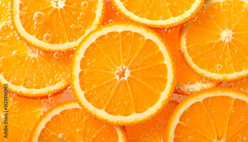 Vitamin C oranges sliced and scattered with bright, effervescent bubbles
