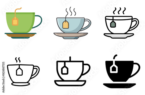 Small teacup with tea bag tag icon set for individual servings, hot drinks, and quick brews