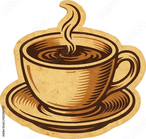 A vintage-style illustration featuring a cup of coffee on a saucer with the word "COFFEE" written below it.