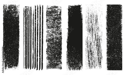 Relief printing linocut vector with grungy lino ink textures, stripes of various length, rough rectangle shapes, paint roller stains, textured backgrounds set, geometric frame, design illustration