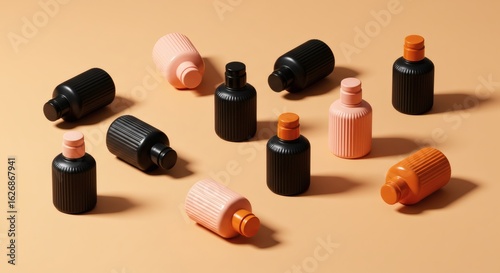 Modern Cosmetic Bottles: A collection of stylish, modern cosmetic bottles in various colors, presented on a sleek, pastel-toned background, highlighting beauty and product design.