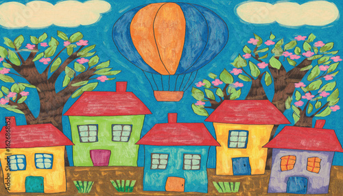 colorful drawing of houses and a hot air balloon against a bright sky.