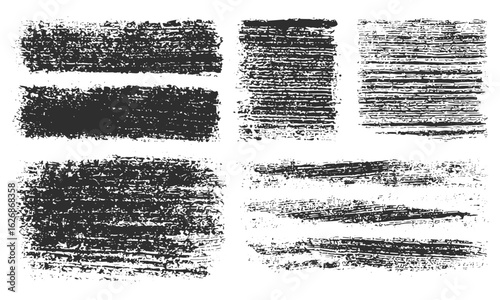 Artistic linocut vector backgrounds with small rectangle shapes, wide stripes, rough textured patterns. Paint roller stains and lino ink grunge geometric text box templates, vintage printing effects