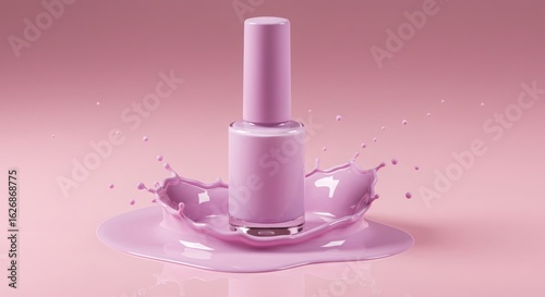 Nail Polish splash: A vibrant pink nail polish bottle poised amid a splash of its own, showcasing the product's captivating color and texture.