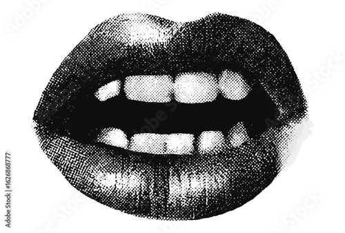 Y2K punk scream lips and mouth featuring brutalist halftone stipple texture, monochrome photocopy style. Vintage vector illustration for retro music poster with gritty collage noise effect
