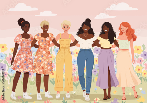 A group of diverse women stand together, arm in arm, in a field of flowers.