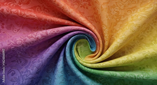 Colorful Textile Swirl: A vibrant spectrum of colors unfolds in a swirling pattern on a finely textured textile, showcasing the beauty and intricate details of the fabric's design.