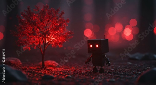 Mysterious Forest Robot: A whimsical scene unfolds in a mystical forest, a tiny robot stands beneath a glowing red tree, its eyes peering out from the shadows, amid atmospheric bokeh lighting.