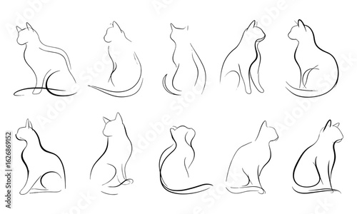 Minimalist black cat outlines in diverse poses for pet lovers, art and design use. Clean white background enhances elegant, simple feline sketches, doodles, icons, and contemporary