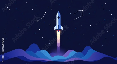 Rocket Launch in the Cosmos: An illustrated rocket gracefully ascends into the vast, star-studded expanse of space, symbolizing dreams, discovery, and humanity's exploration of the unknown.