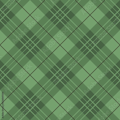 A green plaid pattern fills the image, showcasing a symmetrical design with intersecting lines forming squares and diamonds. Different shades of green create a harmonious and balanced look.