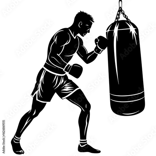Boxer training with punching bag silhouette vector illustration