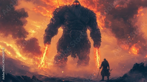 A viking warrior with fiery twin swords faces a colossal giant beneath a fiery sky in fantasy art