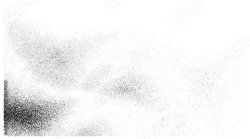 Stippled monochrome grain texture with flowing gradient and scattered halftone dots. Grunge noise overlay on vector background with retro spray dust, smooth ripple patterns