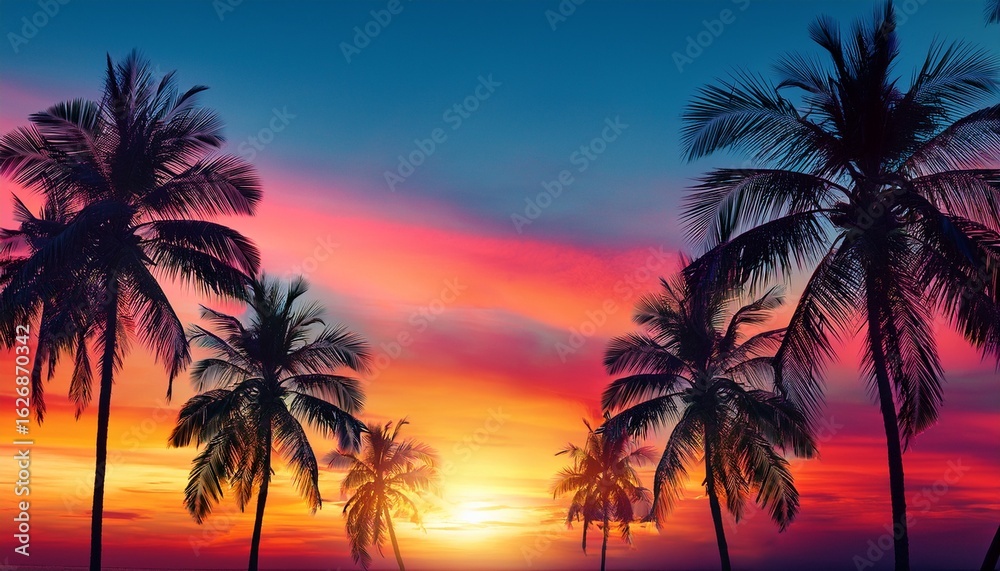 Obraz premium bright tropical background with palm trees against a colorful sunset in pop art style