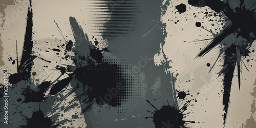 Abstract Patterns of white paint from a brush on a black texture and Dynamic brush strokes and a spacious central area, evoking creativity and depth. 